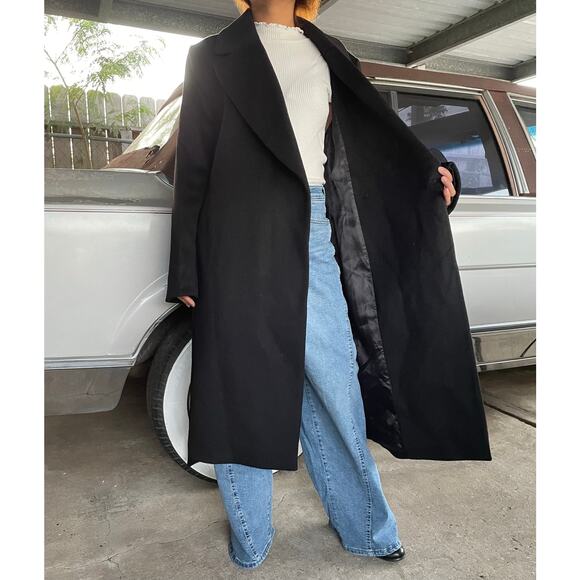 🔥H&M Wool Blend Black Overcoat Belted Stylish Old Money Minimalist Women Sz 10 - Picture 3 of 16